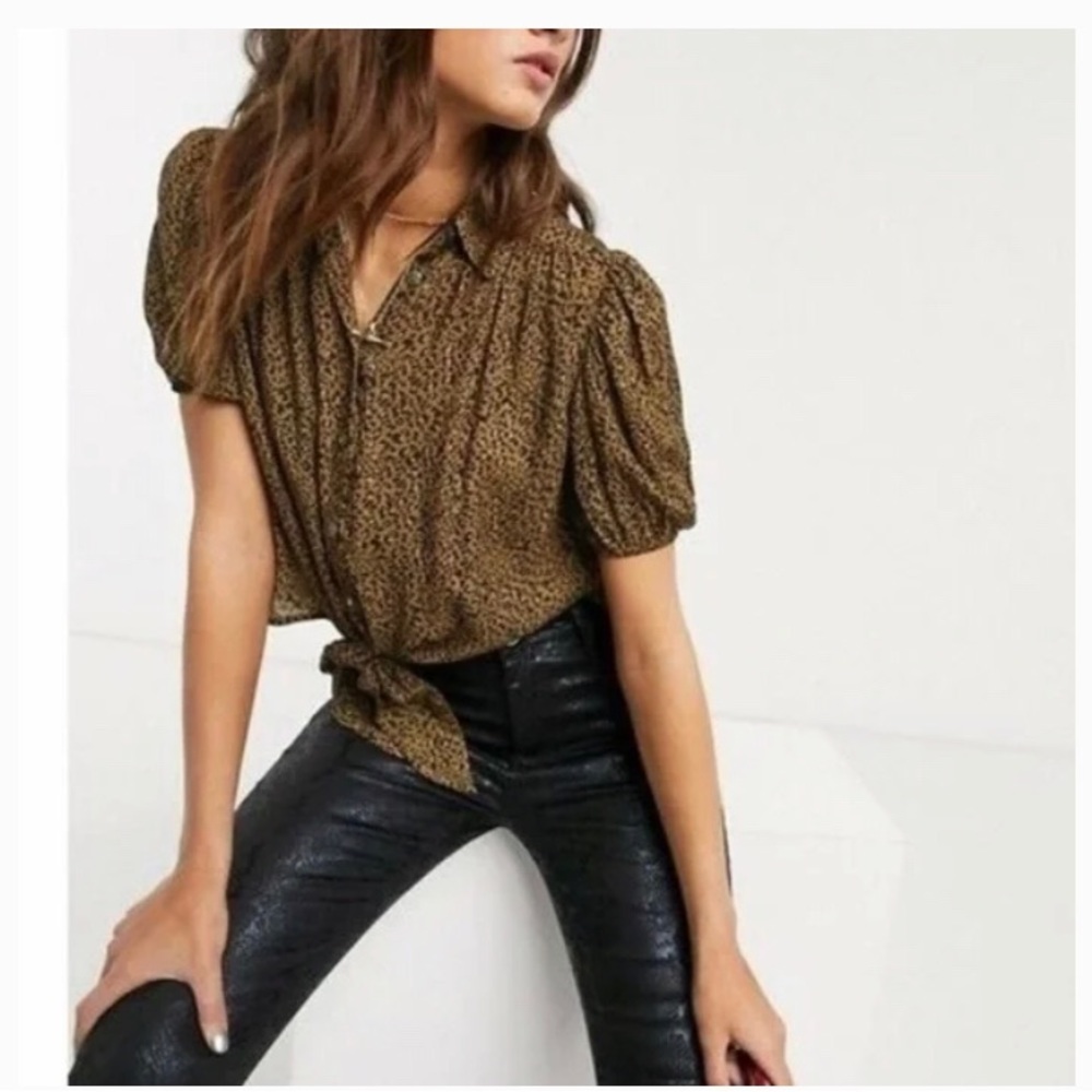 Free People Celia Leopard Print Tie-Front Top S - Picture 2 of 9